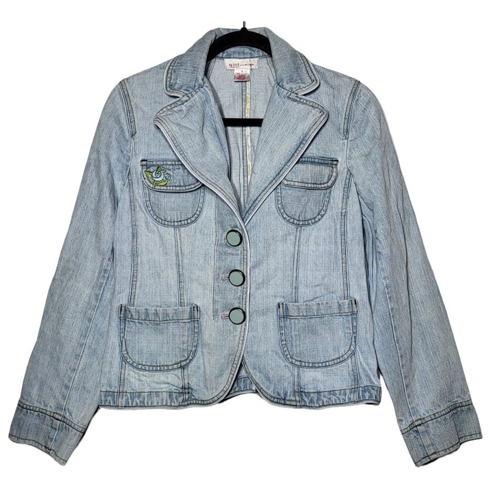 Nine West Womens Floral Embroidered Denim Blue Jean Jacket 8 Boho Cottage Fall